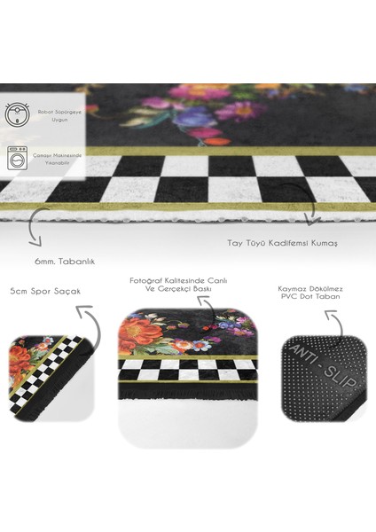 Siyah Zeminde Dama Motifli Çiçek Desenli Floral Geometrik Dijital Baskılı Makinede Yıkanabilir Kaymaz Taban Saçaklı Halı fırsatları