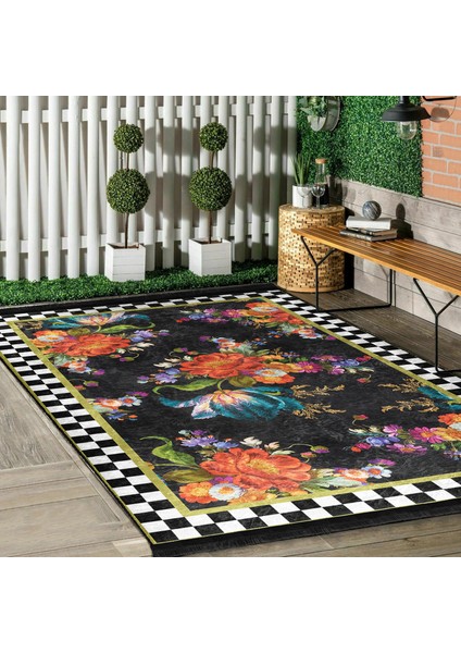 Siyah Zeminde Dama Motifli Çiçek Desenli Floral Geometrik Dijital Baskılı Makinede Yıkanabilir Kaymaz Taban Saçaklı Halı indirimleri