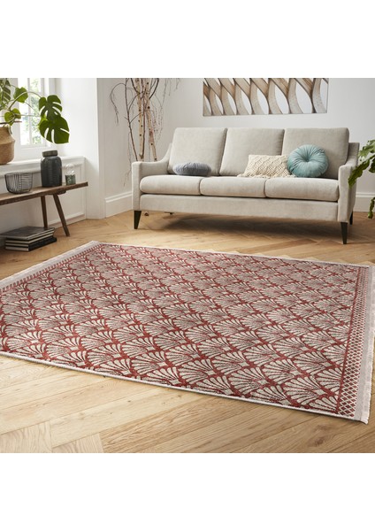Kırmızı - Krem Zeminde Örgü Motifli Etnik Desenli Geometrik Dijital Baskılı Makinede Yıkanabilir Kaymaz Taban Saçaklı Halı indirimleri