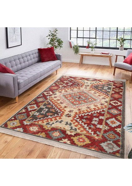 Kırmızı Zeminde Etnik Motifli Kilim Desenli Avangarde Vintage Dijital Baskılı Makinede Yıkanabilir Kaymaz Taban Saçaklı Halı