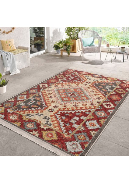 Kırmızı Zeminde Etnik Motifli Kilim Desenli Avangarde Vintage Dijital Baskılı Makinede Yıkanabilir Kaymaz Taban Saçaklı Halı fiyatları