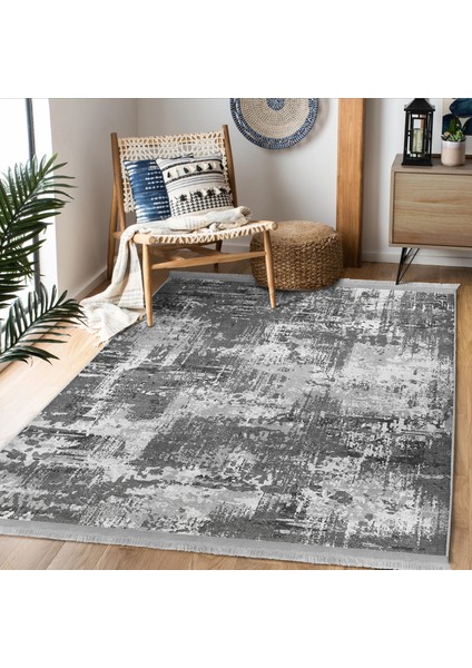 Gri Zeminde Eskitme Motifli Dokuma Halı Desenli Eskitme Motifli Vintage Dijital Baskılı Makinede Yıkanabilir Kaymaz Taban Saçaklı Halı