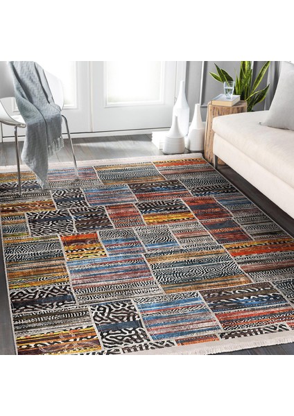 Eskitme Zeminde Patchwork Motifli Geleneksel Desenli Vintage Klasik Dijital Baskılı Makinede Yıkanabilir Kaymaz Taban Saçaklı Halı