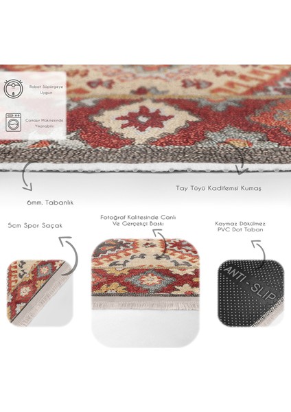Kırmızı Zeminde Etnik Motifli Kilim Desenli Avangarde Vintage Dijital Baskılı Makinede Yıkanabilir Kaymaz Taban Saçaklı Halı fırsatları
