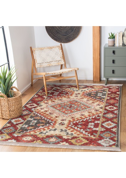 Kırmızı Zeminde Etnik Motifli Kilim Desenli Avangarde Vintage Dijital Baskılı Makinede Yıkanabilir Kaymaz Taban Saçaklı Halı indirimleri