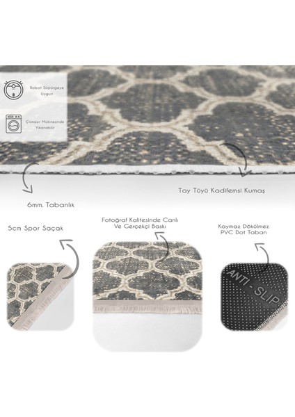 Krem Zeminde Morrocan Motifli Otantik Desenli Geometrik Vintage Dijital Baskılı Makinede Yıkanabilir Kaymaz Taban Saçaklı Halı