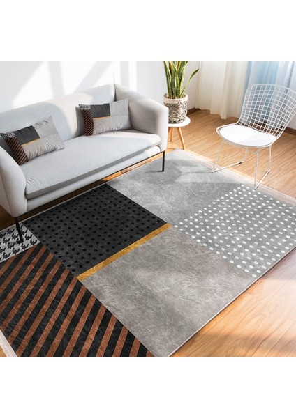 Gri Zeminde Geometrik Motifli Kazayağı Desenli Geometrik Modern Dijital Baskılı Makinede Yıkanabilir Kaymaz Taban Saçaklı Halı