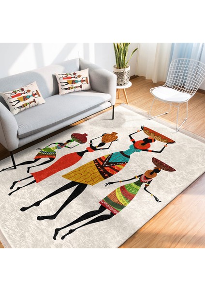 Beyaz Zeminde Etnik Motifli Afrika Kadın Desenli Etnik Motifler Klasik Dış Mekan & Outdoor Balkon Dijital Baskılı Makinede Yıkanabilir Kaymaz Taban Saçaklı Halı fiyatları