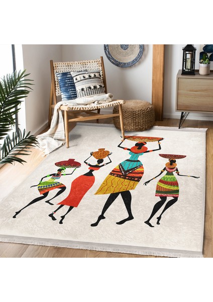 Beyaz Zeminde Etnik Motifli Afrika Kadın Desenli Etnik Motifler Klasik Dış Mekan & Outdoor Balkon Dijital Baskılı Makinede Yıkanabilir Kaymaz Taban Saçaklı Halı modelleri