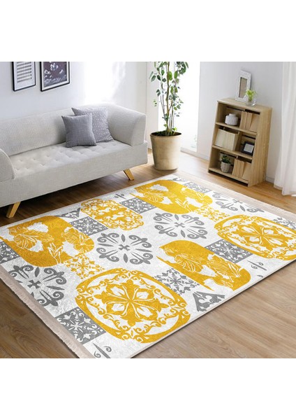 Sarı - Gri Zeminde Etnik Motifli Monogram Desenli Vintage Dijital Baskılı Makinede Yıkanabilir Kaymaz Taban Saçaklı Halı fiyatları