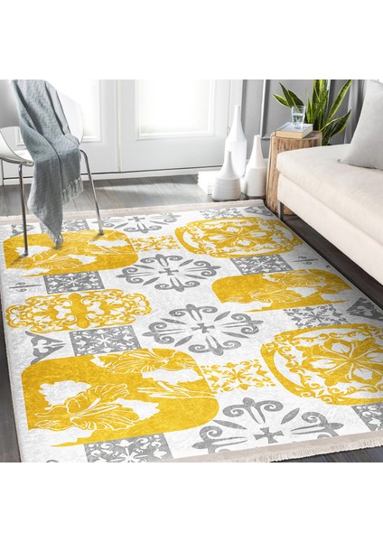 Sarı - Gri Zeminde Etnik Motifli Monogram Desenli Vintage Dijital Baskılı Makinede Yıkanabilir Kaymaz Taban Saçaklı Halı modelleri