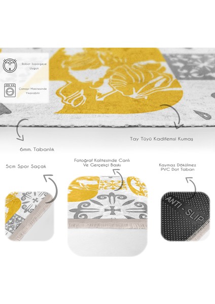 Sarı - Gri Zeminde Etnik Motifli Monogram Desenli Vintage Dijital Baskılı Makinede Yıkanabilir Kaymaz Taban Saçaklı Halı fırsatları