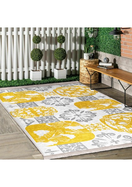 Sarı - Gri Zeminde Etnik Motifli Monogram Desenli Vintage Dijital Baskılı Makinede Yıkanabilir Kaymaz Taban Saçaklı Halı indirimleri