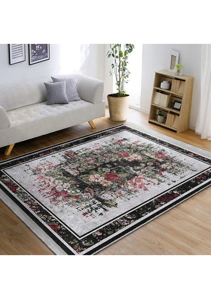 Siyah - Kırmızı Zeminde Çerçeveli Motifli Çiçek Desenli Floral Eskitme Motifli Dijital Baskılı Makinede Yıkanabilir Kaymaz Taban Saçaklı Halı modelleri