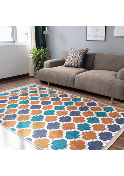 Beyaz Zeminde Morrocan Motifli Ogea Desenli Geometrik Koridor & Antre Banyo Dijital Baskılı Makinede Yıkanabilir Kaymaz Taban Saçaklı Halı