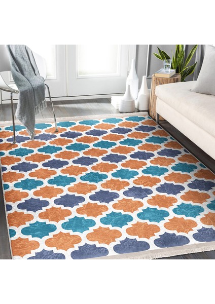 Beyaz Zeminde Morrocan Motifli Ogea Desenli Geometrik Koridor & Antre Banyo Dijital Baskılı Makinede Yıkanabilir Kaymaz Taban Saçaklı Halı modelleri