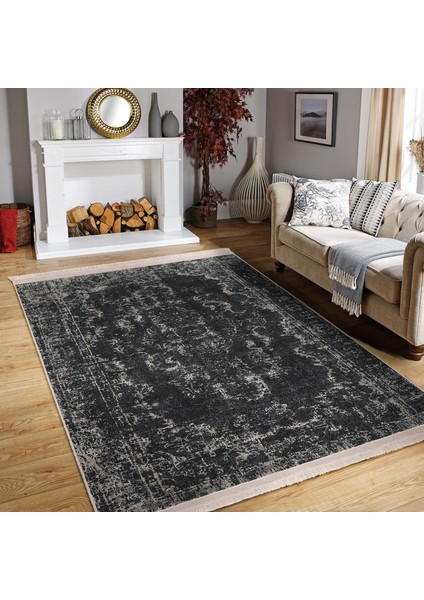 Beyaz Zeminde Damask Motifli Siyah Desenli Eskitme Motifli Etnik Motifler Dijital Baskılı Makinede Yıkanabilir Kaymaz Taban Saçaklı Halı fiyatları
