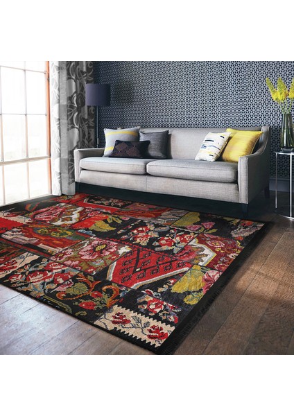 Siyah - Kırmızı Zeminde Patchwork Motifli Kanaviçe Desenli Vintage Floral Dijital Baskılı Makinede Yıkanabilir Kaymaz Taban Saçaklı Halı modelleri