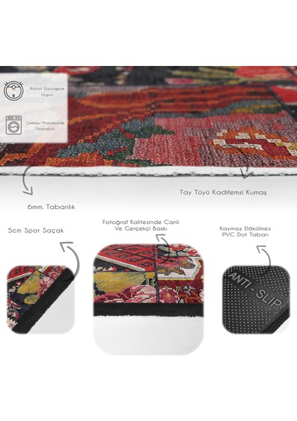 Siyah - Kırmızı Zeminde Patchwork Motifli Kanaviçe Desenli Vintage Floral Dijital Baskılı Makinede Yıkanabilir Kaymaz Taban Saçaklı Halı fırsatları
