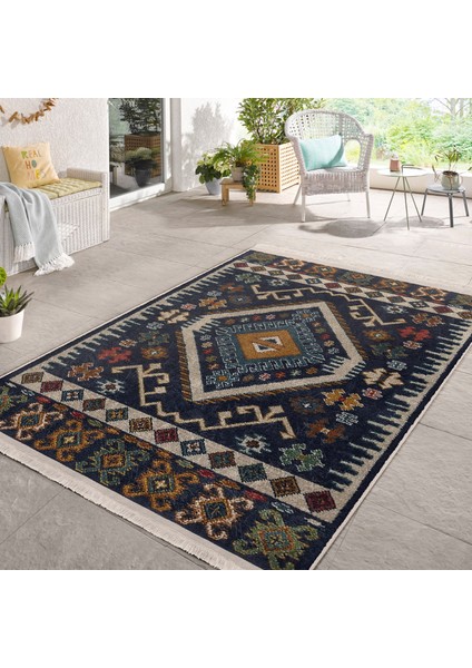 Lacivert Zeminde Iran Motifli Kilim Desenli Avangarde Vintage Dijital Baskılı Makinede Yıkanabilir Kaymaz Taban Saçaklı Halı