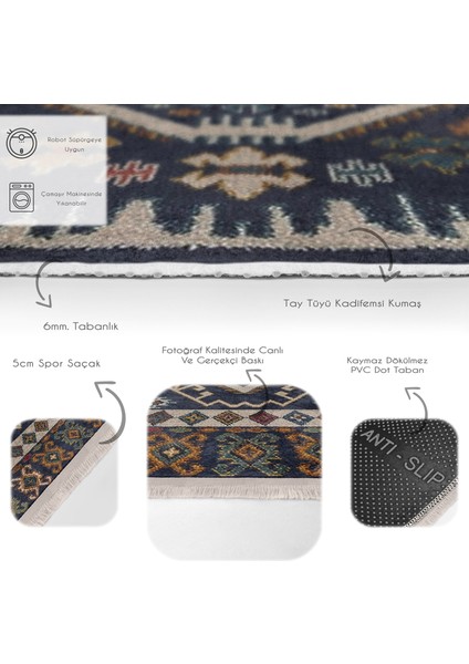 Lacivert Zeminde Iran Motifli Kilim Desenli Avangarde Vintage Dijital Baskılı Makinede Yıkanabilir Kaymaz Taban Saçaklı Halı