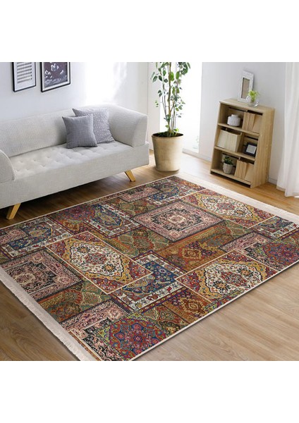 Otantik Zeminde Geleneksel Motifli Patchwork Desenli Vintage Etnik Motifler Dijital Baskılı Makinede Yıkanabilir Kaymaz Taban Saçaklı Halı modelleri