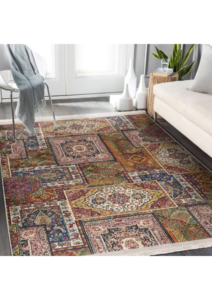 Otantik Zeminde Geleneksel Motifli Patchwork Desenli Vintage Etnik Motifler Dijital Baskılı Makinede Yıkanabilir Kaymaz Taban Saçaklı Halı indirimleri