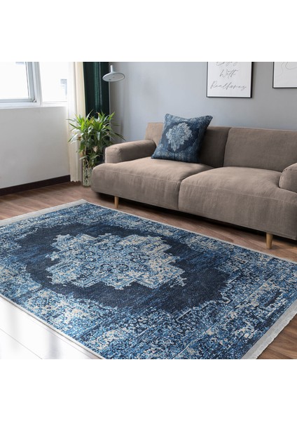 Mavi Zeminde Göbekli Halı Motifli Kilim Desenli Avangarde Klasik Dijital Baskılı Makinede Yıkanabilir Kaymaz Taban Saçaklı Halı fiyatları