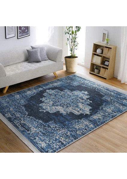 Mavi Zeminde Göbekli Halı Motifli Kilim Desenli Avangarde Klasik Dijital Baskılı Makinede Yıkanabilir Kaymaz Taban Saçaklı Halı modelleri