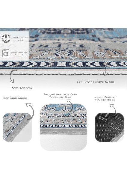 Mavi Zeminde Vintage Motifli Yöresel Desenli Eskitme Motifli Etnik Motifler Dijital Baskılı Makinede Yıkanabilir Kaymaz Taban Saçaklı Halı fırsatları