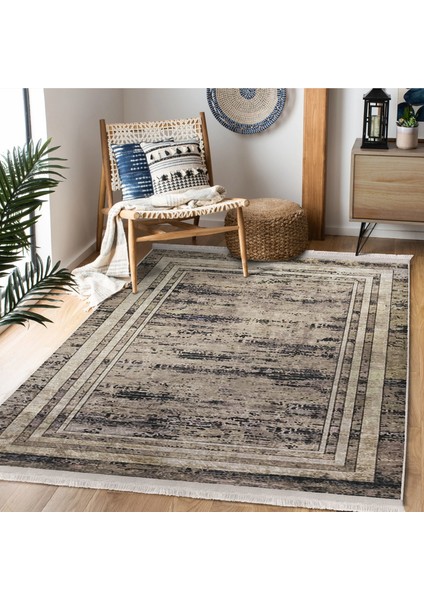 Kahverengi - Krem Zeminde Çerçeveli Motifli Eskitme Desenli Eskitme Motifli Vintage Dijital Baskılı Makinede Yıkanabilir Kaymaz Taban Saçaklı Halı fiyatları