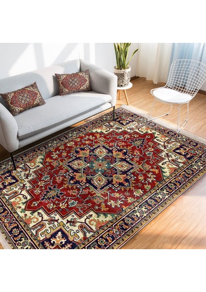 Kırmızı Zeminde Hereke Motifli Dokuma Halı Desenli Vintage Avangarde Dijital Baskılı Makinede Yıkanabilir Kaymaz Taban Saçaklı Halı fiyatları
