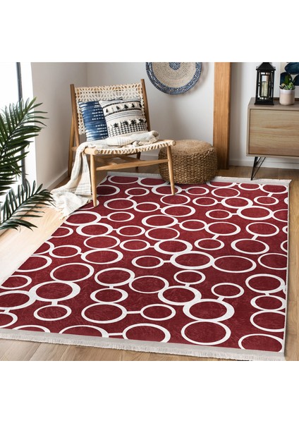 Bordo Zeminde Iskandinav Motifli Ok Desenli Geometrik Klasik Dijital Baskılı Makinede Yıkanabilir Kaymaz Taban Saçaklı Halı modelleri