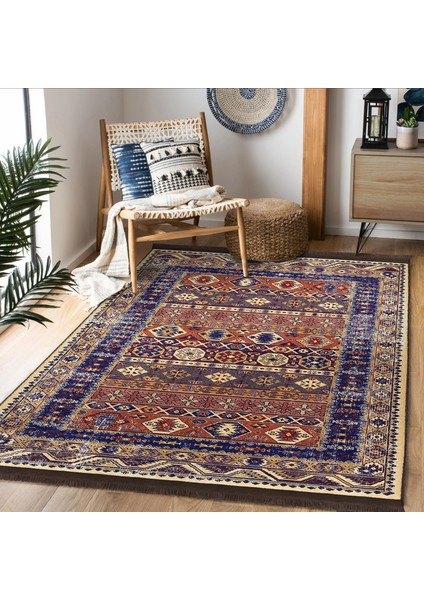 Lacivert Zeminde Hereke Motifli Otantik Desenli Avangarde Vintage Dijital Baskılı Makinede Yıkanabilir Kaymaz Taban Saçaklı Halı