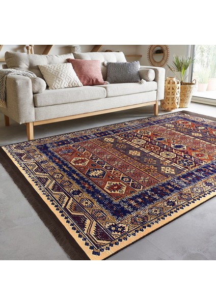 Lacivert Zeminde Hereke Motifli Otantik Desenli Avangarde Vintage Dijital Baskılı Makinede Yıkanabilir Kaymaz Taban Saçaklı Halı modelleri