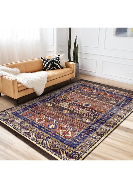 Lacivert Zeminde Hereke Motifli Otantik Desenli Avangarde Vintage Dijital Baskılı Makinede Yıkanabilir Kaymaz Taban Saçaklı Halı indirimleri
