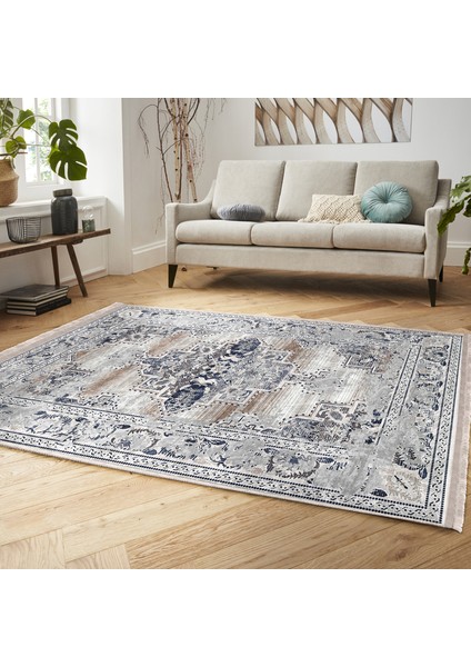Gri Zeminde Retro Motifli Dokuma Halı Desenli Etnik Motifler Eskitme Motifli Dijital Baskılı Makinede Yıkanabilir Kaymaz Taban Saçaklı Halı