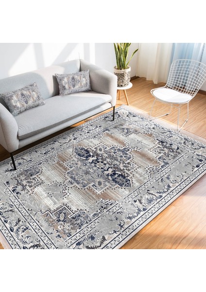 Gri Zeminde Retro Motifli Dokuma Halı Desenli Etnik Motifler Eskitme Motifli Dijital Baskılı Makinede Yıkanabilir Kaymaz Taban Saçaklı Halı fiyatları