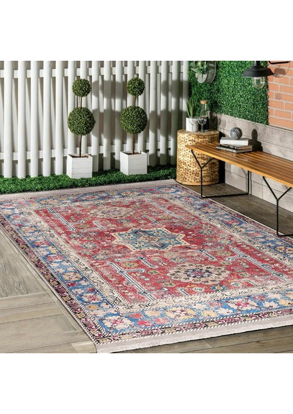 Kırmızı Zeminde Hereke Motifli Yöresel Desenli Vintage Avangarde Dijital Baskılı Makinede Yıkanabilir Kaymaz Taban Saçaklı Halı modelleri
