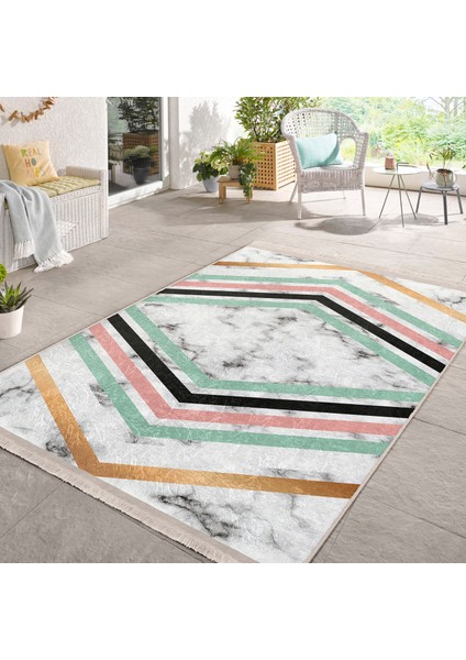 Mermer Zeminde Geometrik Motifli Modern Desenli Geometrik Banyo Salon & Oturma Odası Dijital Baskılı Makinede Yıkanabilir Kaymaz Taban Saçaklı Halı