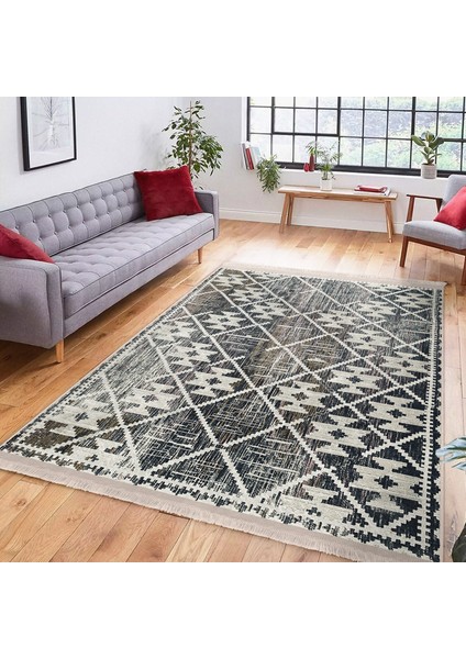 Gri - Bej Zeminde Aztek Motifli Eskitme Desenli Geometrik Klasik Koridor & Antre Salon & Oturma Odası Dijital Baskılı Makinede Yıkanabilir Kaymaz Taban Saçaklı Halı