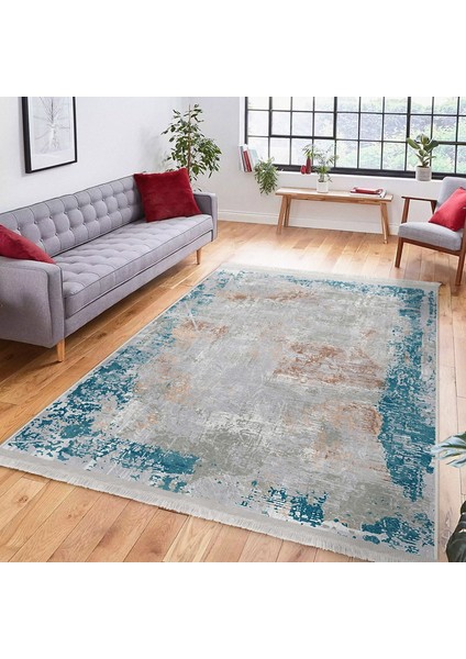 Gri - Mavi Zeminde Eskitme Motifli Yöresel Desenli Eskitme Motifli Vintage Dijital Baskılı Makinede Yıkanabilir Kaymaz Taban Saçaklı Halı modelleri