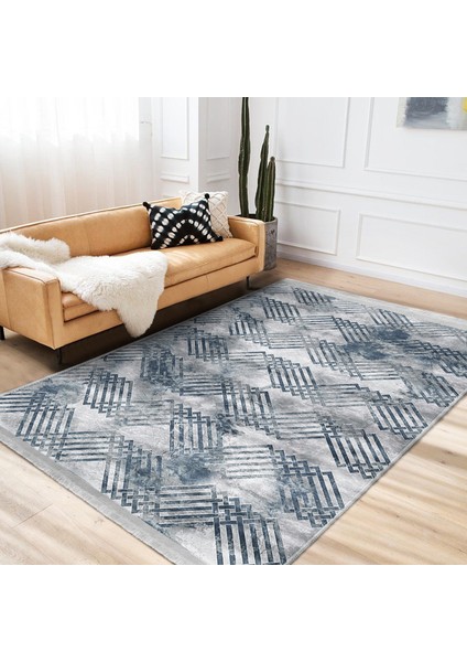 Mavi - Gri Zeminde Geometrik Motifli Eskitme Desenli Klasik Geometrik Dijital Baskılı Makinede Yıkanabilir Kaymaz Taban Saçaklı Halı modelleri