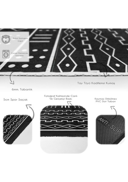 Siyah - Beyaz Zeminde Iskandinav Motifli Geometrik Desenli Geometrik Etnik Motifler Dijital Baskılı Makinede Yıkanabilir Kaymaz Taban Saçaklı Halı