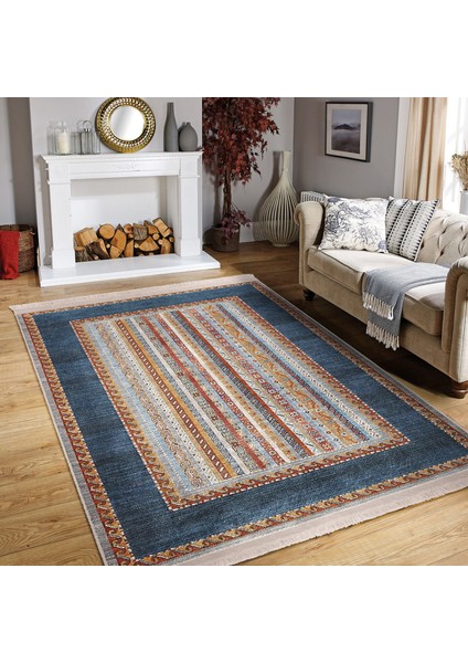 Mavi Zeminde Kilim Motifli Dokuma Desenli Etnik Motifler Avangarde Dijital Baskılı Makinede Yıkanabilir Kaymaz Taban Saçaklı Halı fiyatları