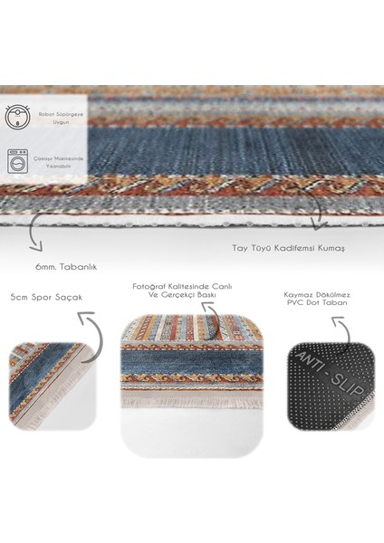 Mavi Zeminde Kilim Motifli Dokuma Desenli Etnik Motifler Avangarde Dijital Baskılı Makinede Yıkanabilir Kaymaz Taban Saçaklı Halı fırsatları