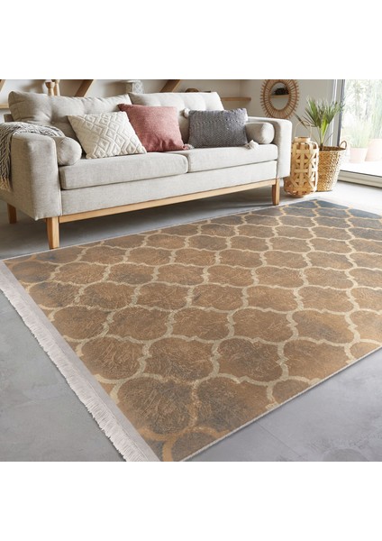 Krem Zeminde Morrocan Motifli Otantik Desenli Geometrik Vintage Dijital Baskılı Makinede Yıkanabilir Kaymaz Taban Saçaklı Halı fiyatları
