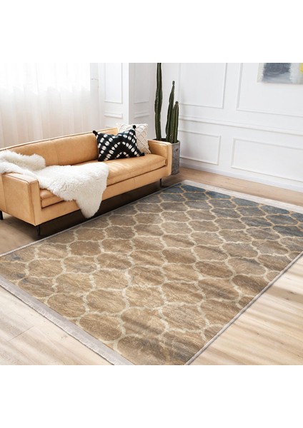 Krem Zeminde Morrocan Motifli Otantik Desenli Geometrik Vintage Dijital Baskılı Makinede Yıkanabilir Kaymaz Taban Saçaklı Halı modelleri