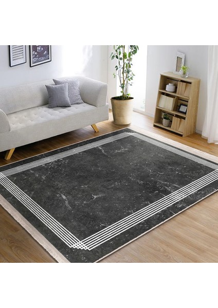 Füme Zeminde Çerçeveli Motifli Mermer Desenli Geometrik Klasik Salon & Oturma Odası Yatak Odası Dijital Baskılı Makinede Yıkanabilir Kaymaz Taban Saçaklı Halı