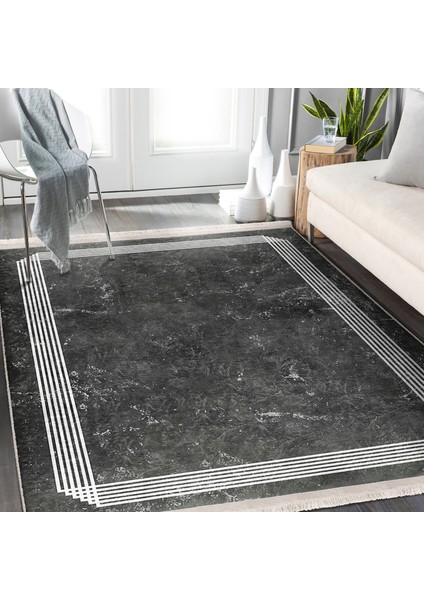 Füme Zeminde Çerçeveli Motifli Mermer Desenli Geometrik Klasik Salon & Oturma Odası Yatak Odası Dijital Baskılı Makinede Yıkanabilir Kaymaz Taban Saçaklı Halı